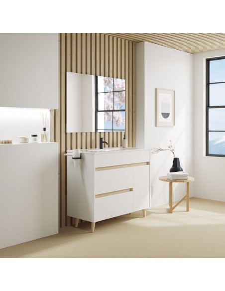 Mueble de baño KAORI  con dos cajones y una puerta. Acabado en Blanco Brillo. | Incluye lavabo cerámico.