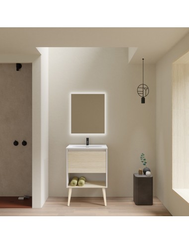 Mueble de baño NARA con 1 cajón y 1 hueco. Acabado en BLANCO MATE/ Roble Arenado | Incluye lavabo cerámico integrado.