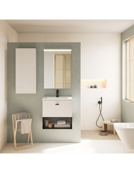 Set de baño MEI con un cajón. Incluye mueble MEI , lavabo cerámico.