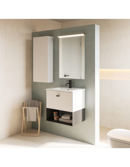 Set de baño MEI con un cajón. Incluye mueble MEI , lavabo cerámico.