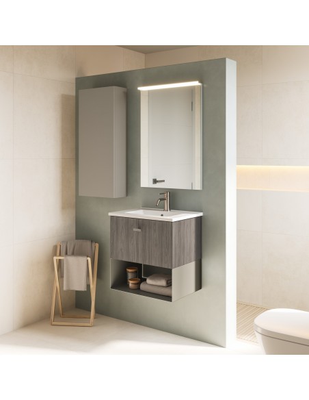 Set de baño MEI con un cajón. Incluye mueble MEI , lavabo cerámico.