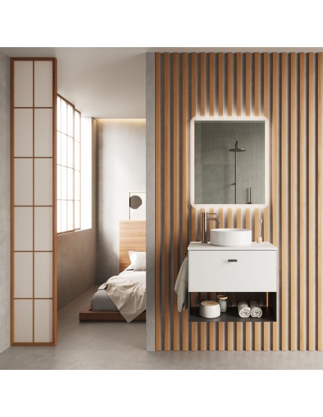 Set de baño MEI TOP con un cajón. Incluye mueble MEI , lavabo cerámico sobre encimera.