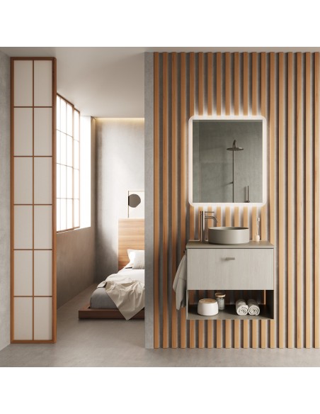 Set de baño MEI TOP con un cajón. Incluye mueble MEI , lavabo cerámico sobre encimera.