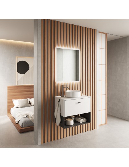 Set de baño MEI TOP con un cajón. Incluye mueble MEI , lavabo cerámico sobre encimera.