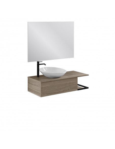 Set de baño NAMO con un cajón. Acabado en Roble Essence/ Incluye lavabo sobre encimera, estante lateral con toallero y espejo.