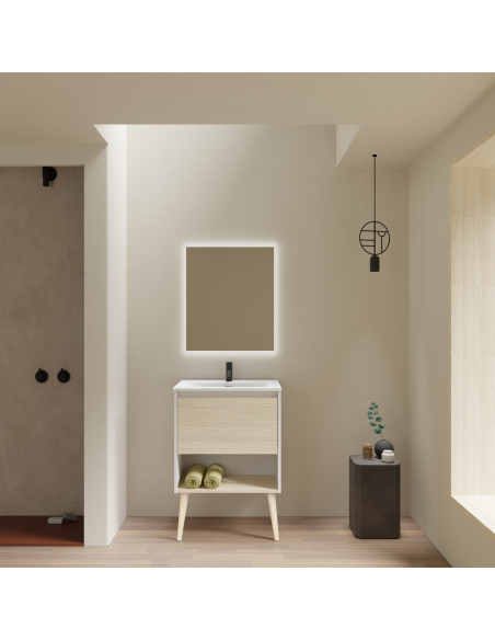 Mueble de baño NARA con 1 cajón y 1 hueco. Acabado en Blanco Mate/ Roble Arenado | Incluye lavabo cerámico y espejo Kawa.