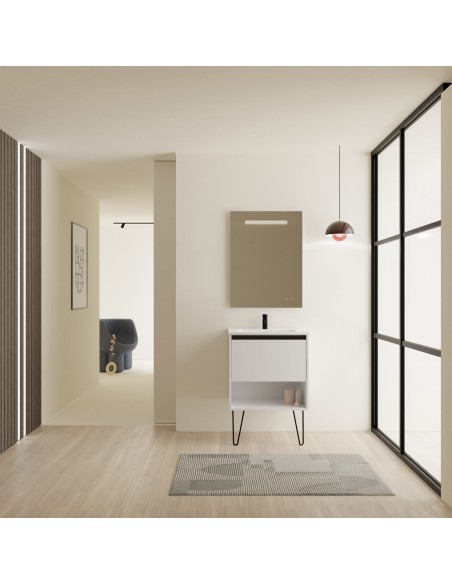 Mueble de baño YOKO con 1 cajón y 1 hueco. | Incluye lavabo cerámico y espejo Kawa.