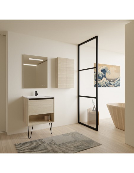 Mueble de baño YOKO con 1 cajón y 1 hueco. | Incluye lavabo cerámico y espejo Kawa.