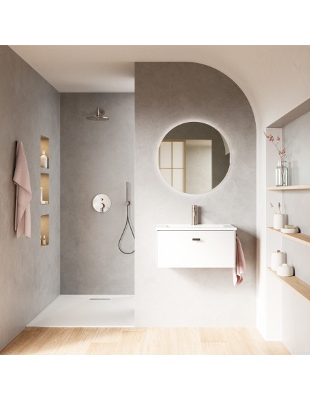 Set de baño MEI con un cajón. Incluye mueble MEI , lavabo cerámico y espejo.