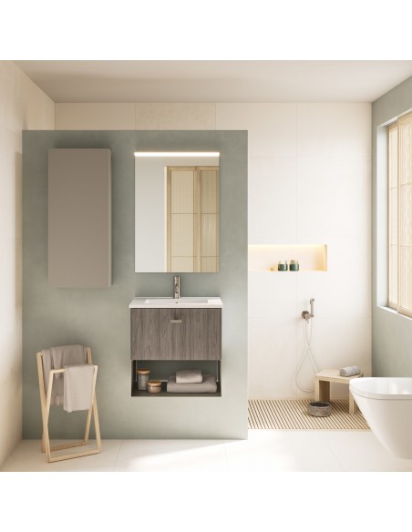 Set de baño MEI con un cajón. Incluye mueble MEI , lavabo cerámico y espejo.