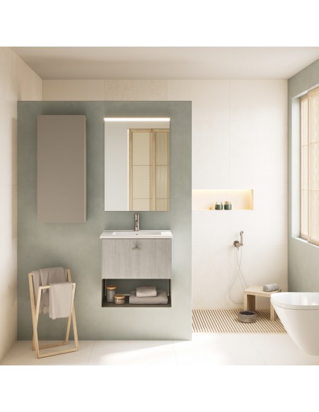 Set de baño MEI con un cajón. Incluye mueble MEI , lavabo cerámico y espejo.