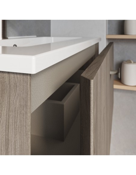 Set de baño MEI TOP con un cajón y un hueco.  / Incluye mueble MEI , lavabo cerámico sobre encimera, espejo y hueco.